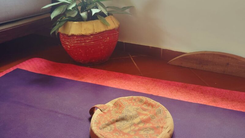 Layered bright pink foam yoga mat with mud stains and a thin purple travel mat in a cozy living-room corner in Tanzania